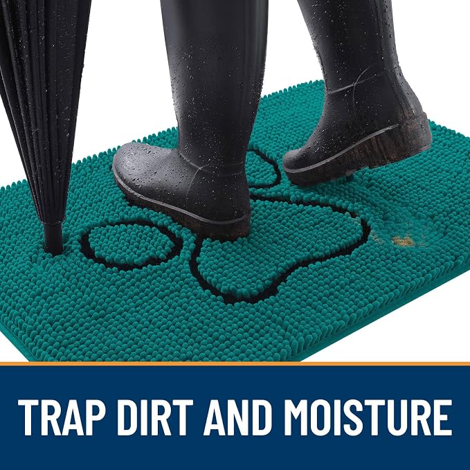 OLANLY Dog Door Mat for Muddy Paws 30x20, Paw Print Design Chenille Mud Mat | Lake Blue, Absorbent, Traps Moisture and Dirt, Non-Slip Washable Doormat, Quick-Drying Indoor Entryway Floor Carpet for Dogs