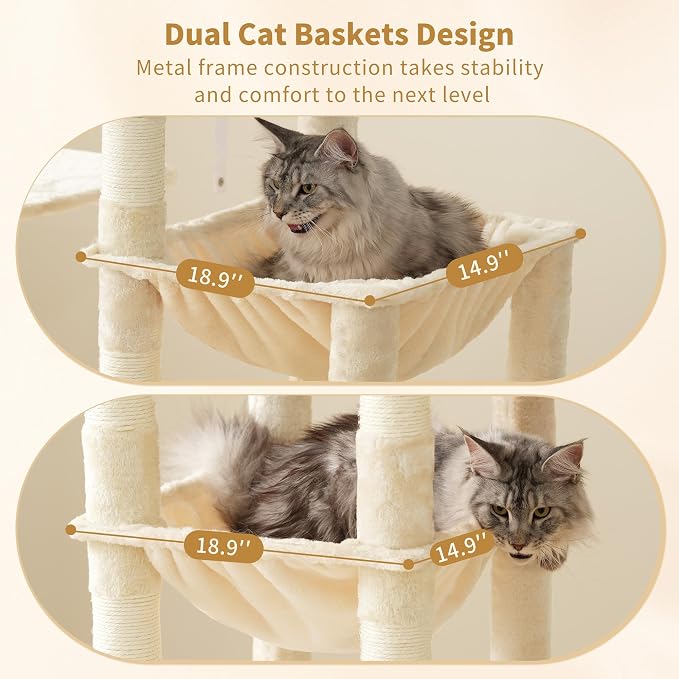Heybly Cat Tree, 71-Inch Tall Cat Tower for Large Maine Coon Cats HCT03MG | Cat Condo Furniture with Extra-Large Baseboard, Multi-Level Platforms, 2 Hammocks and 12 Scratching Posts, Beige