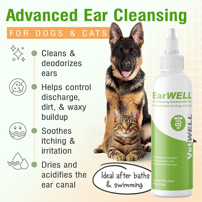 VetWELL Ear Cleaner for Dogs and Cats - Cucumber Melon - 8 oz | Otic Ear Solution for Pets to Help Manage Odor and Reduce Wax Build Up