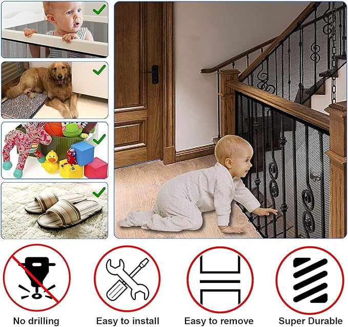 Baby Gate for Stairs, Banister Guard for Kids, Pets, Toys, 10ft L x 2.6 ft H, Mesh Netting Safety Net for Balcony Rail Stair, Stairway Net Baby Safety Products for Indoor & Outdoor (Black)