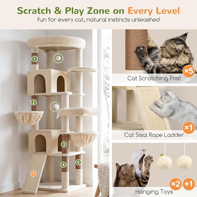 Globlazer Maine Coon Corner Cat Tree for Indoor Cats 74in, C74, Beige | Tall Heavy Duty Cat Tower for Large Multiple, 2 Big Platforms, 2 Extra Large Cat Condos, 2 Baskets, Sisal Scratching Board