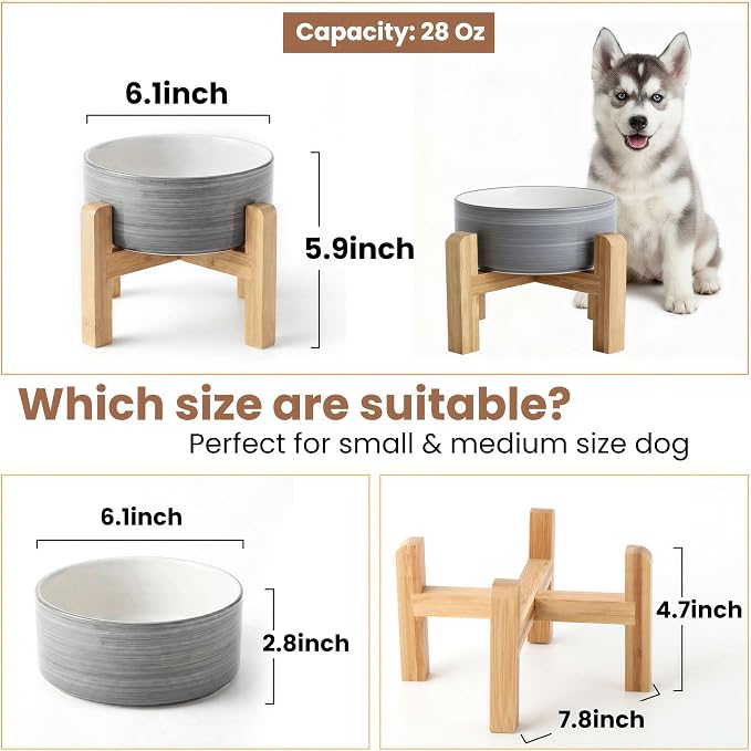 hjn Elevated Ceramic Dog Bowl with Bamboo Stand, Raised Pet Feeding Station for Small Medium Dogs Cats, Modern Design with Anti-Slip Base (White Gray, 3.6Cup)