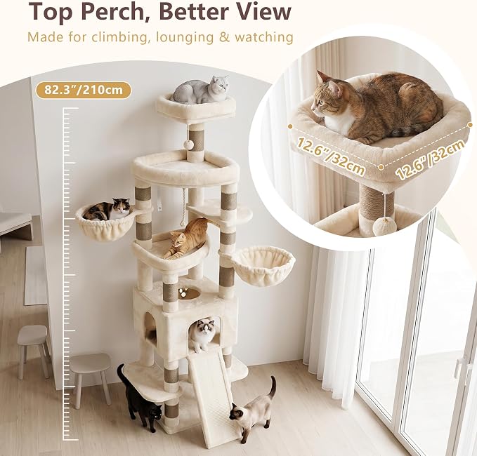 Heybly Cat Tree, 82.7″ Extra Tall Cat Tower for Large Cats Adult HCT063MJ | Giant Cat Condo with Multi-Level Platforms, 2 Baskets, Spacious Cat Cave, Wide Sisal Scratching Board, Beige