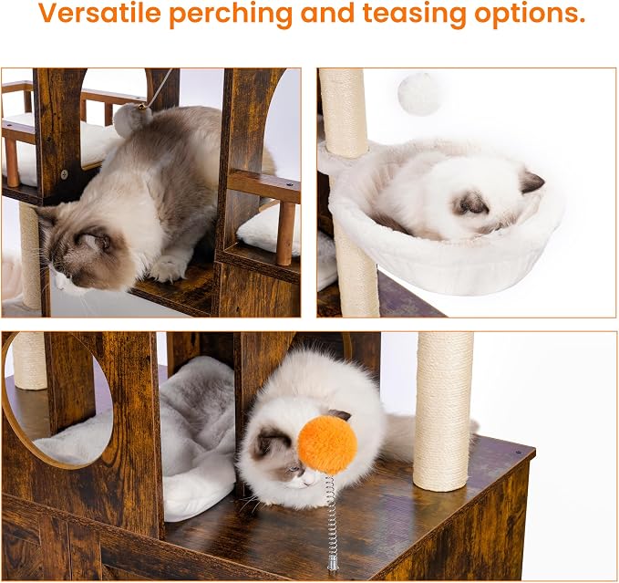 Heybly Cat Tree with Litter Box Enclosure for Indoor Big Cat HCT110SR | Cat Tower for Large Cats 20 lbs Heavy Duty, Modern Cat Condo Furniture with Scratching Posts, Rustic Brown