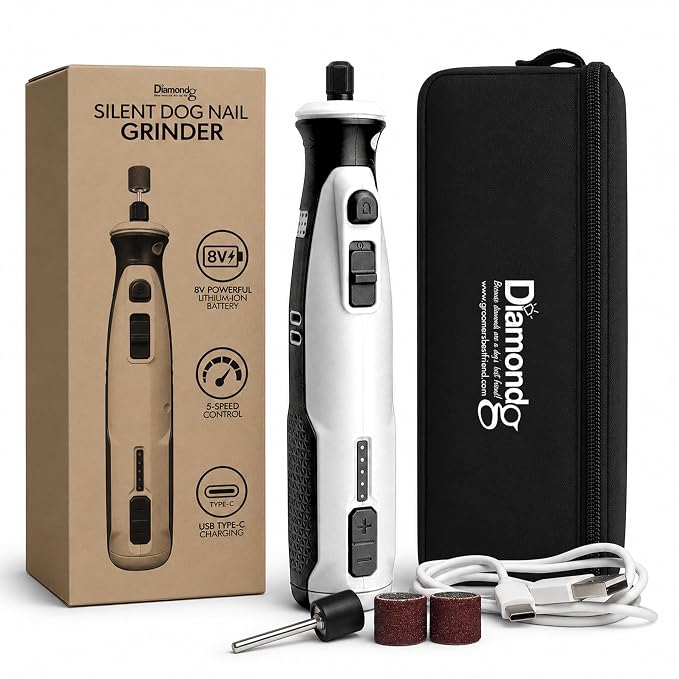 Diamondg Cordless Dog Nail Grinder - Quiet Sound with LED Light, White | 5-Speed Rechargeable Pet Nail Trimmer for Small & Large Dogs, USB-C Charging, 4hrs. Runtime, Painless Dog Nail Grinding Kit