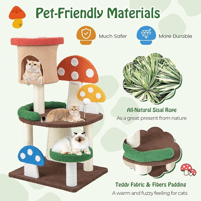 Tangkula Patented Mushroom Cat Tree, Cute Cat Tower with Full-Wrapped Sisal Post, Scratching Board & Spring Ball, Cat Condo, Flower Cat Tree Tower for Indoor Cats Large Adult (40.5 Inch)