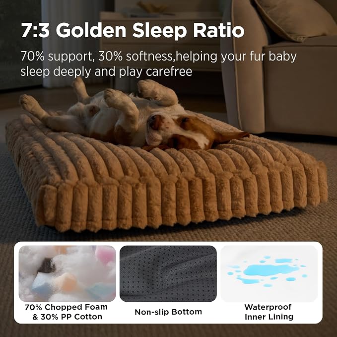 Bedsure ComfyFleece™ Dog Bed Large Sized Dog Crate Pillow 35x22 Sandy Beige | Aesthetic Crate Bed for Balanced Support Cute Chopped Foam Pad with Removable Washable Cover Non-Slip Waterproof Cozy Pet Mat