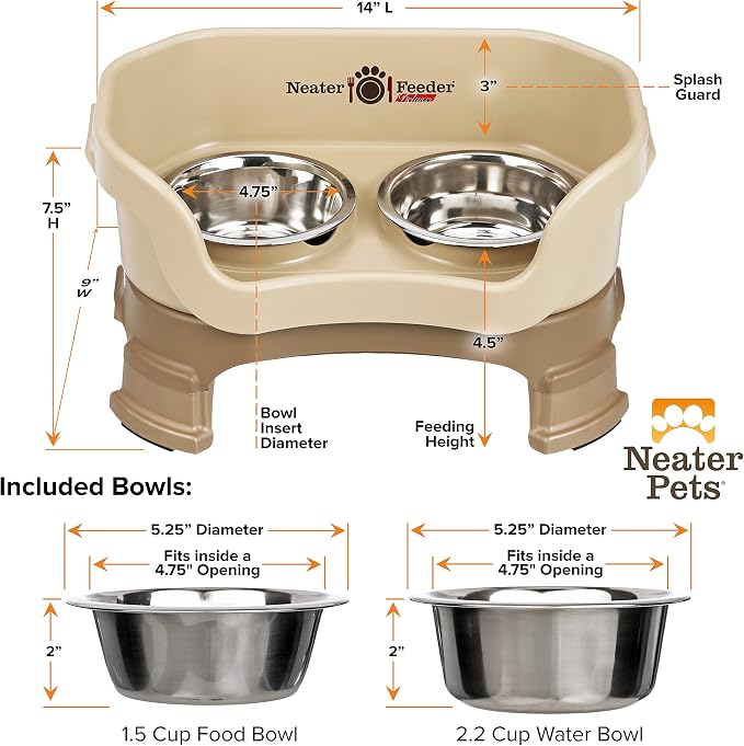 Neater Feeder Deluxe Mess-Proof Elevated Dog Bowls for Small Dogs (Up to 19 lbs), 2 Height Adjustable (6” & 7.5”) No-Spill Raised Dog Bowl Stand, Stainless Steel Food Bowl Set, Made in USA, Cappuccino