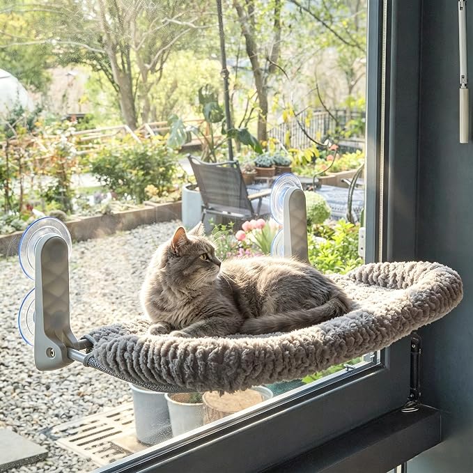 AIWIKIDE Cat Window Perch with Cushion Rim, Easy Install Bracket, Portable Wall Hammock for Indoor Cat, Grey