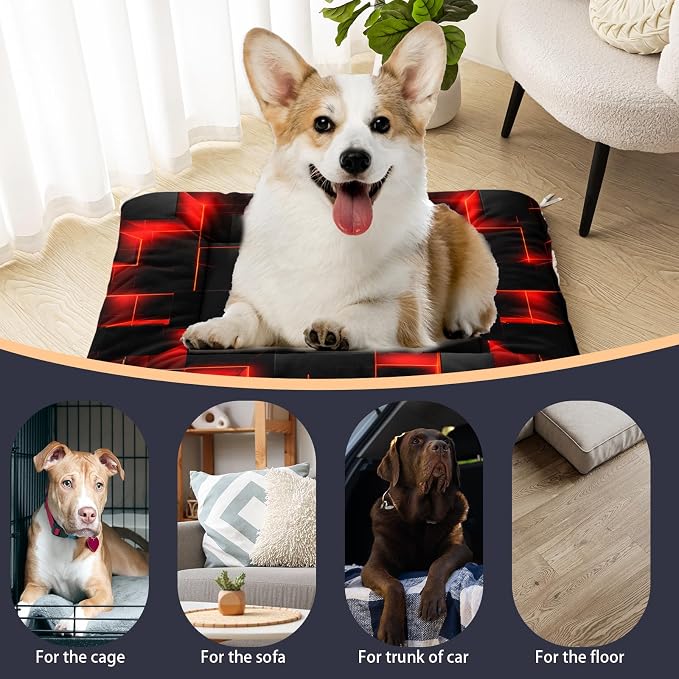 HOSIMA Geometry Print Pet Bed Mat,Fuzzy Crate Pads for Dog Cages,Washable Soft Cozy Sleeping Mat,Plush Red Black Pad Suitable for Medium Dog Bed,38L*32W Inch.