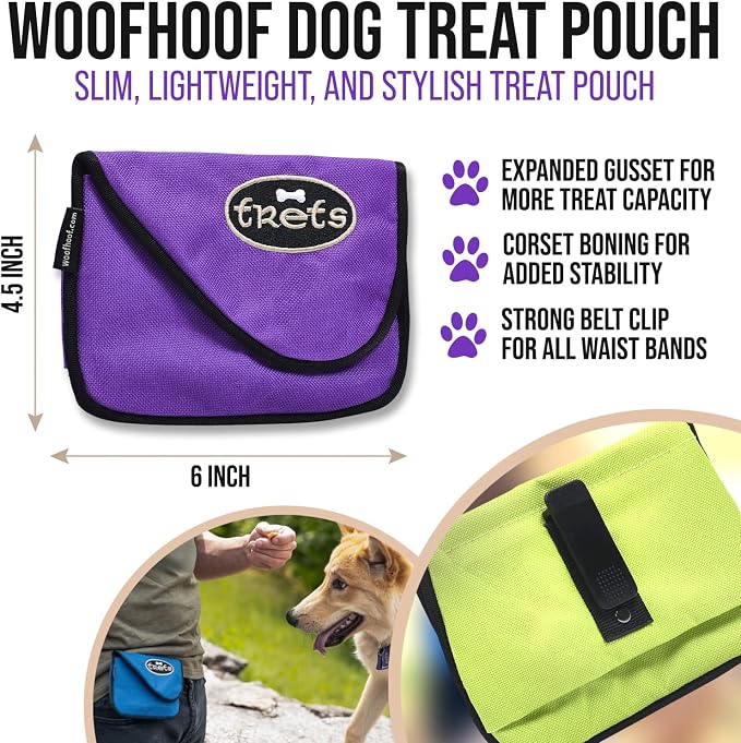 Dog Treat Pouch, Purple Training Treat Pouch - Clip On Dog Treat Holder, Innovative No Spill Design, Magnetic Flap, Expandable Gusset, Made of Durable Nylon, Machine Washable
