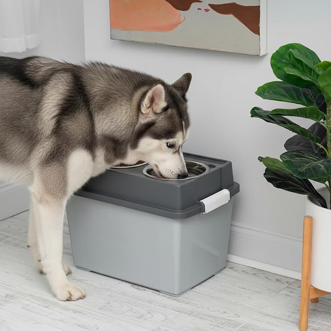 IRIS USA Dog Bowls Elevated with Storage, 15" H Raised Feeding Station, Dog Bowl Stand with Airtight Food Storage Holds 47 lbs, 2 Removable 64 oz Stainless Steel Bowls for Large Dogs, Gray/Dark Gray