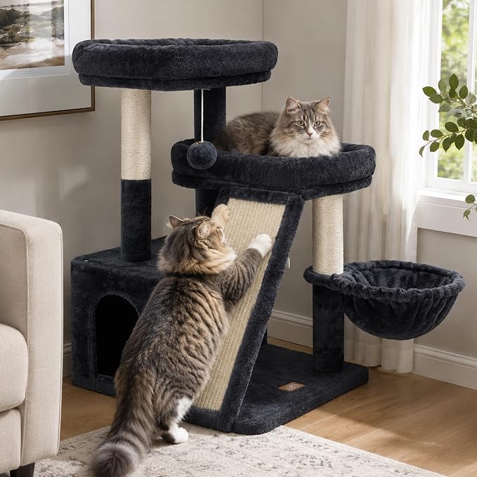 Heybly Compact Cat Tree with Big Scratcher, Stable Cat Tower HCT206SG | 27.2" Cat Furniture with 2 Top Perches, Floor Cat Condo, Cozy Hammock, Space-Saving Cat Activity Center, Smoky Gray