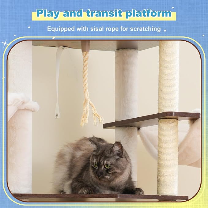 Hey-brother Wooden Cat Tree, Furniture Tower with Large Platforms, MPJ121SR | 69.7 inch, Modern Full Sisal Scratching Posts, Hammocks, Spacious Condo, Ladder, Brush, Water Proof Surface, Rustic Brown