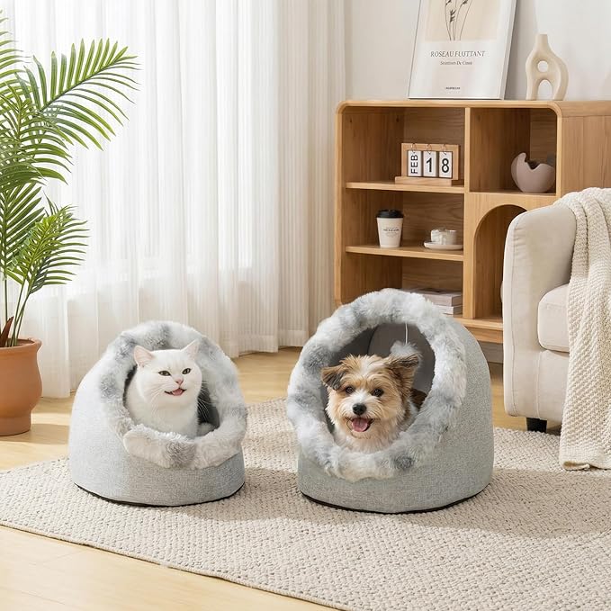 Avont Cat Bed Cave for Indoor Cats, Semi-Enclosed Cat House with Anti-Slip Bottom & Removable Washable Cushion, Warm Plush Cat Tent for Medium Cats & Small Dogs -L