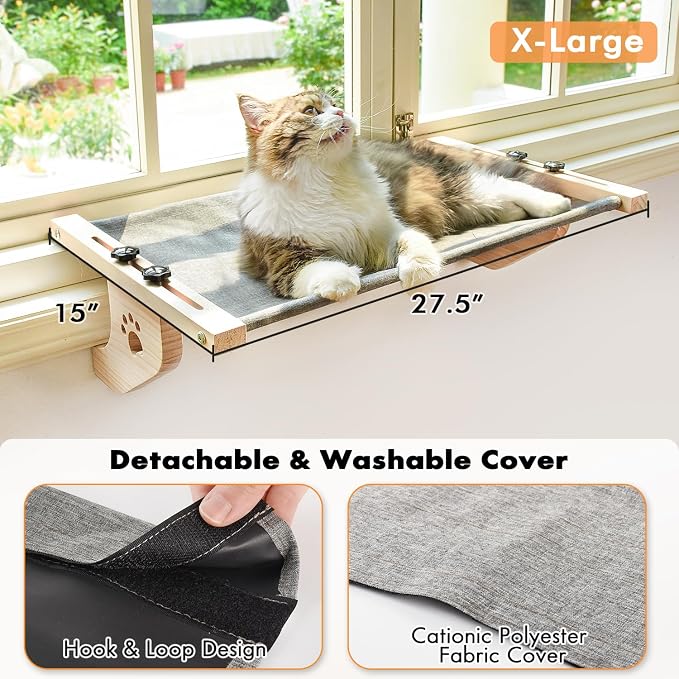 AMOSIJOY Cat Windowsill Perch with Wood & Metal Frame for Large Cat, 27.5in | Solid Wood Frame, Easy to Adjust, Washable Berber Fleece Cover, No Suction Cups Cat Window Seat for Windowsill, Bedside