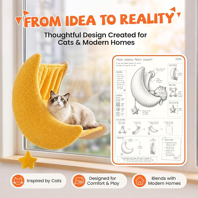 Cat Window Perch Moon Shape, Large Cat Hammock Bed Washable | Suction Mount, Steel Brackets, Soft Fabrics, Natural Pine Wood, Space Saving, Tool-Free Assembly, Watch birds, Sunbathing