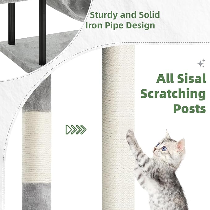 Cat Tree, 43.3'' Cat Tower with Hammock for Kittens GCT004SW | Cat Condo House for Small Indoor Cats, Basket, Scratching Post, Large Platform, Sturdy Steel Tube, Sisal Rope, Light Gray