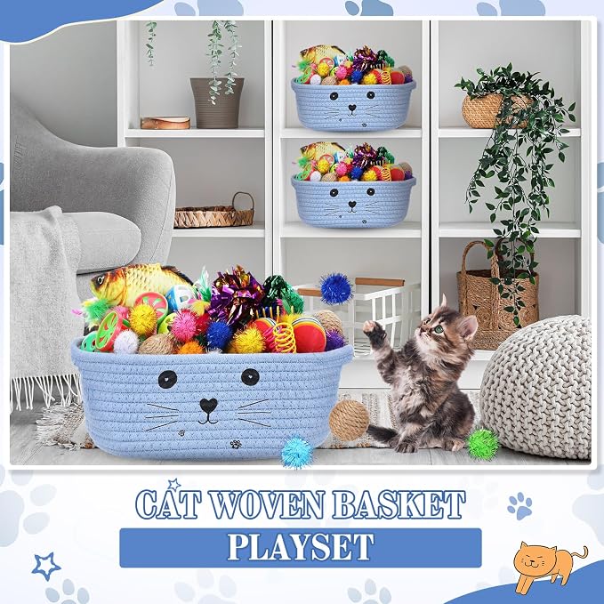 Zopeal 58 Pcs Summer Cat Storage Basket Gift Toys Set, Colorful Flashing Balls Pet Bell Crinkle Balls Spring Toys Attract Cat to Swat, Hunt, Interactive for Pet(Light Blue,9.8 Inch)