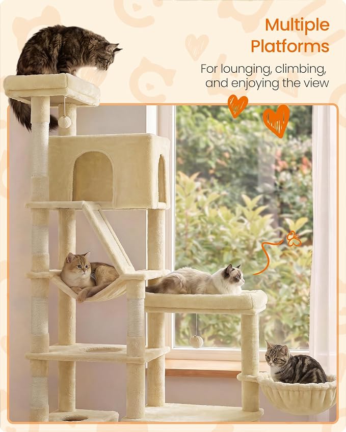 Feandrea 74.1-Inch Cat Tree Tower for Indoor Extra Large Cats, with Scratching Posts, Scratching Board, Multi-Level Design, Beige UPCT016Y101S