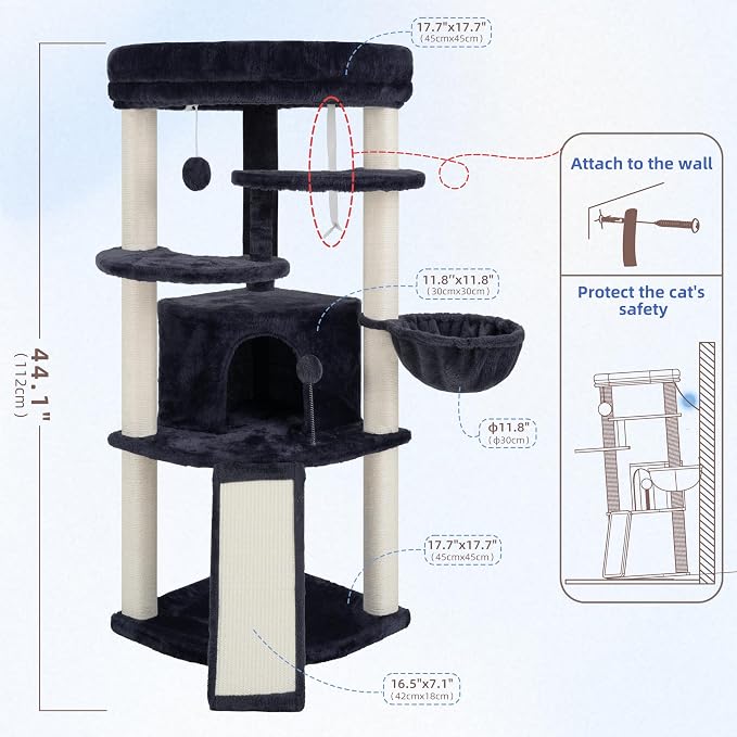 Corner Cat Tree Tower with All Sisal Scratching Posts GCT025G | 44.1" Cat Furniture with Multi-level Cat Condo, Cat Cave, Hanging Basket, Sisal Scratching Ramp for Indoor Cats, Drak Gray