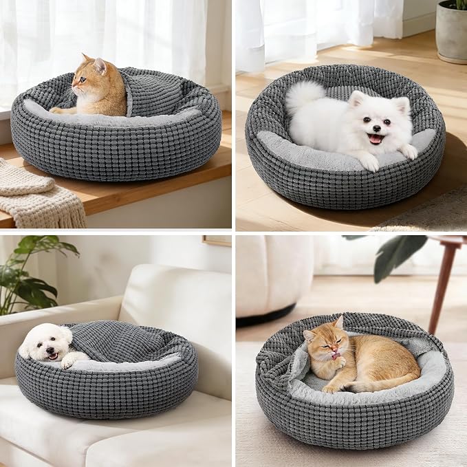 Small Dog Bed with Attached Blanket, Cozy Donut Cuddler Anti-Anxiety Hooded Pet Beds Calming Cave Bed. Orthopedic Round Puppy Beds for Dogs or Cats Washable, Anti-Slip Bottom, 23inch