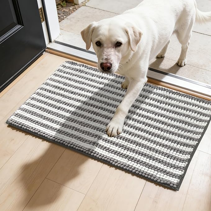 Dog Door Mat for Muddy Paws - Absorbent Quick-Dry Non-Slip Washable Chenille Pet Rug, Indoor Entryway Mat for Front Door & Crate (Gray, 36" L*24" W)