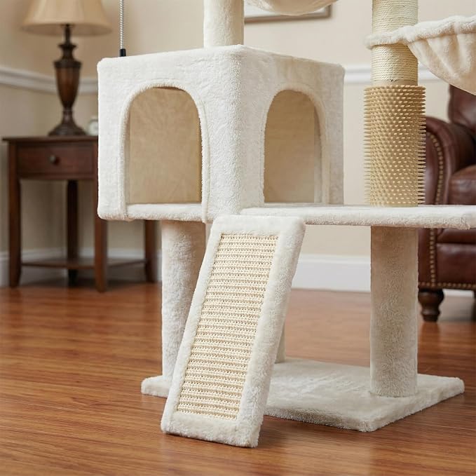 Smouatou Cat Tree with Cat Condo and Two Hammocks, Cat Tower with Scratching Posts and Scratching Pads Cat Toys, Beige