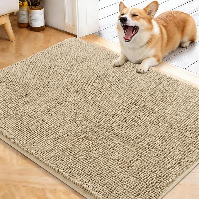 OLANLY Dog Door Mat for Muddy Paws 40x32, Super Absorbent Chenille Mud Mat | Beige, Absorbs Moisture and Dirt, Non-Slip Machine Washable Doormat, Quick-Drying Indoor Entryway Floor Carpet for Dogs
