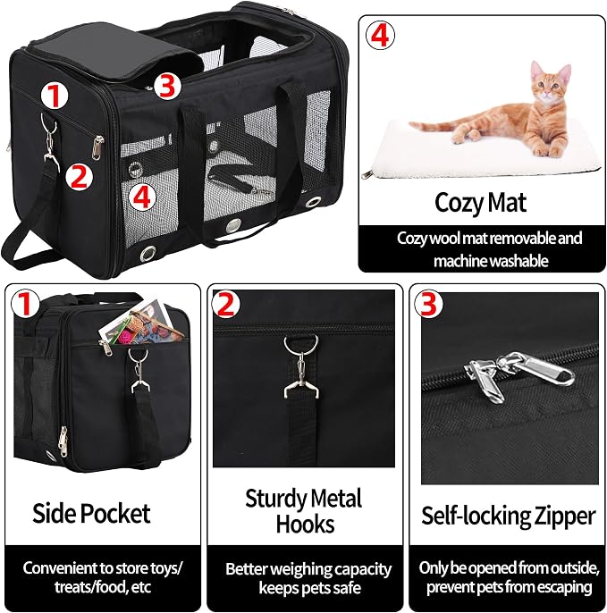 Soft Sided Cat/Dog Carrier，Collapsible Mesh Pets Travel Carriers for Pet/Puppy with Shoulder Strap & Removable Mat，Top Load Small Dogs/Cats Carry Bag Up to 25 Lbs（Black - L）