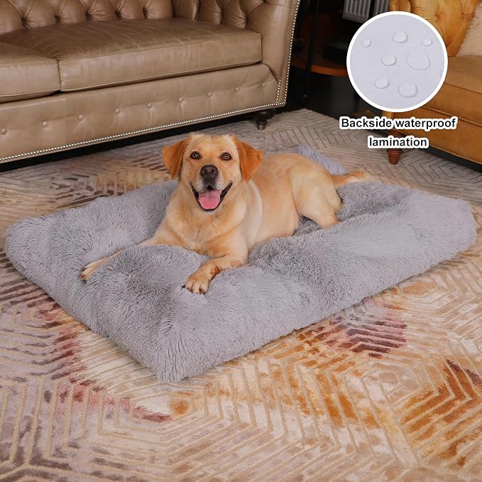 Bedfolks Waterproof Dog Crate Bed, Plush Dog Pad, 47"x29", Solid Light Grey | Faux Fur Plush Cover, Zippered Removable Washable Outer, Waterproof Inner Lining, Non-Slip Base, Crate Pad and Dog Pillow