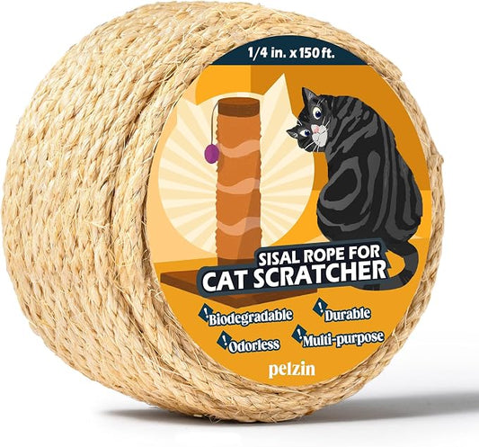 Pelzin Natural Sisal Rope for Cat Scratcher 1/4 Inch by 150 Feet, Cat Tree Rope Twine for Cat Scratching Post Replacement, Cat Tower with Scratch Post Repairing, Replace, Recovering and DIY, Natural