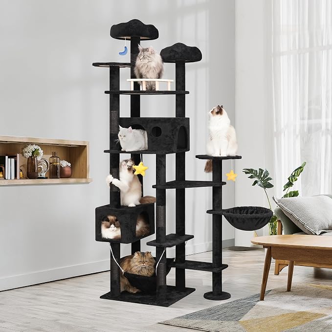 Meecal Black Cat Tree,79in Tall Tower for Multiple Indoor Cats Large Adult | Giant Cat Tree, Multi-Level Heavy Duty Cat Tower with Scratching Post, 2 Cat Condos, Hammocks, Perches, Hanging Toys