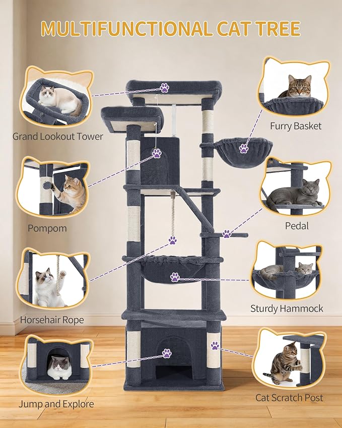 Hzuaneri Large Cat Tree, 72 Inch Tall Multi-Level Cat Tower for Indoor Cats | Cat Condo Furniture with 6 with Sisal Scratching Posts, 2 Large Platforms, 2 Cats House, Hanging Basket, Dark Gray MS18318SG