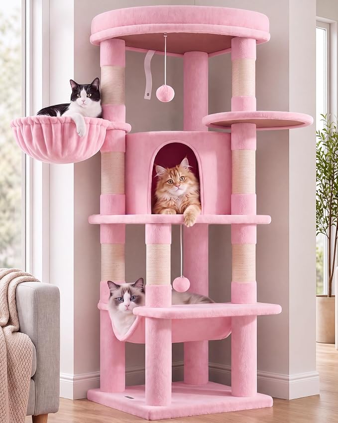 Globlazer Pink Corner Cat Tree Tower with Scratching Post, C51, Pink | 51in Space-Saving Multi-Level Cute Cat Condo for Indoor Cats with Hammock, Large Top Perch for Large Cats, Cozy Cat Cave