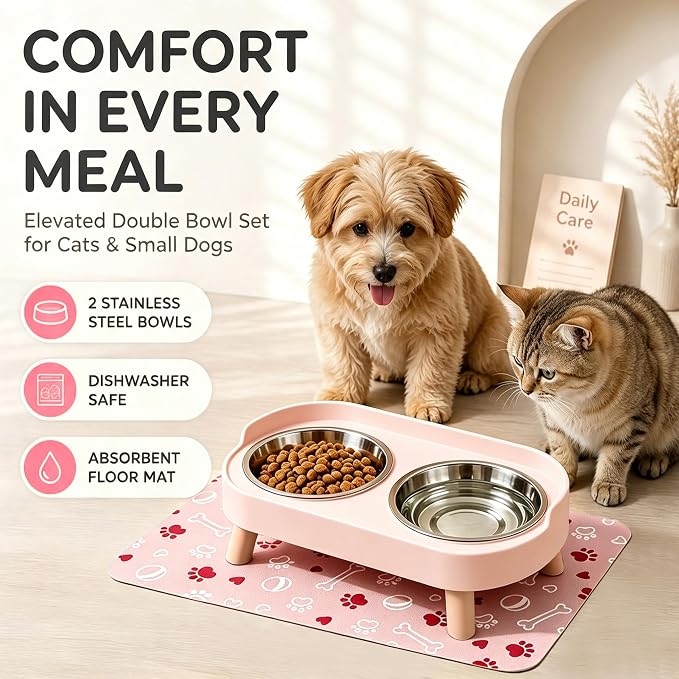 Elevated Dog Bowls with Mat, 2 Stainless Steel for Small Dogs Under 25 Lb | Raised Bowl Stand, Food & Water Set for Cats & Puppies, Splash Proof, Dishwasher Safe, Stain-Resistant Quick-Dry Mat