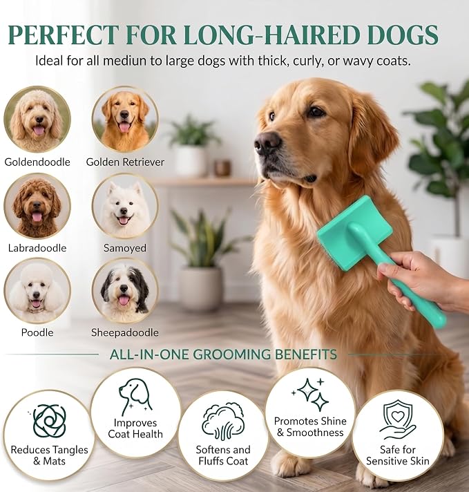 Wooden Long Pin Slicker Brush for Large Dog, Poodles & Doodles Long Hair | Grooming, Fluff & Detangle Heavy Dense Wavy Curly Coats to Easily Prevent Severe Hair Matting During Shedding Seasons