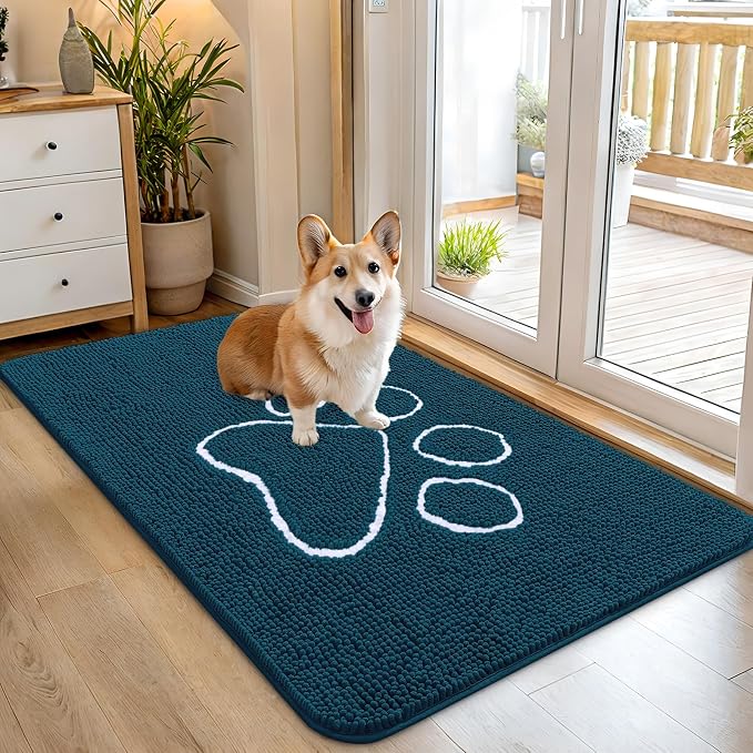 OLANLY Dog Door Mat for Muddy Paws 45x27, Paw Print Design Chenille Mud Mat | Atlantic Blue, Absorbent, Traps Moisture and Dirt, Non-Slip Washable Doormat, Quick-Dry Indoor Entryway Floor Carpet for Dogs