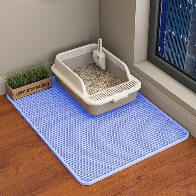 HCY&WLD Cat Litter Mat, Double Layer Cat Litter Box Mat (30x22 Inch, Blue) | Waterproof Urine-Proof Non-Slip Litter Trapping Mat, Soft on Kitty Paws, Scratch-Resistant, Scatter Control, Easy to Clean