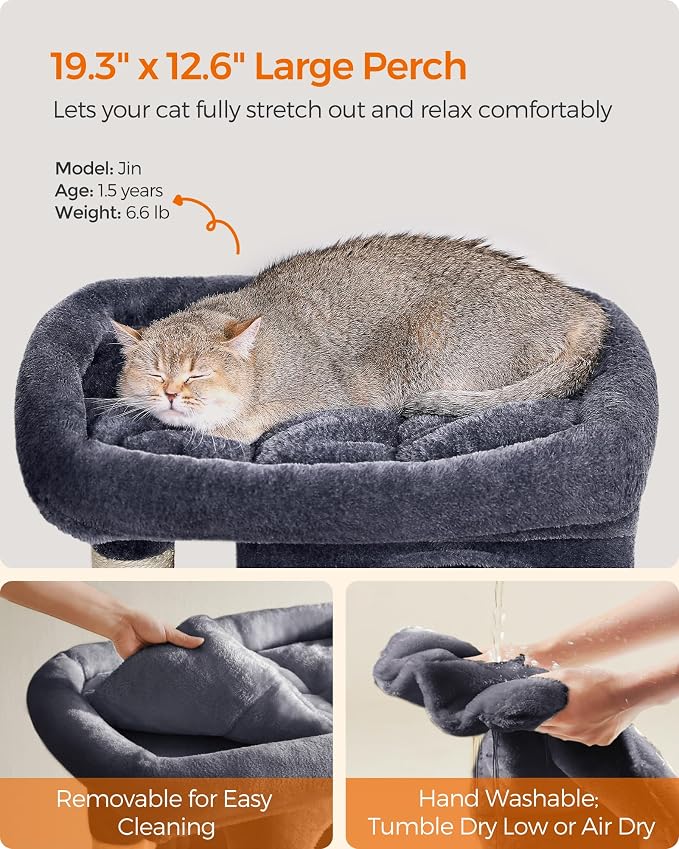 Feandrea Cat Tree, 29.1-Inch Cat Tower, Plush Condo for Medium Cats up to 11 lb, Large Perch, 2 Caves, Scratching Post, Smoky Gray UPCT612G01