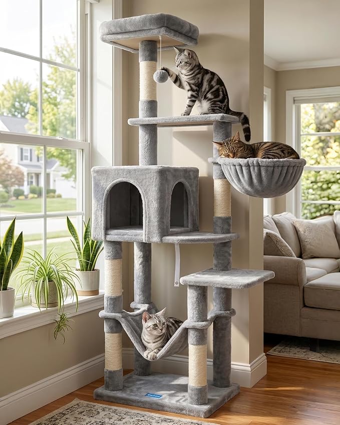 Hey-brother Cat Tree, Multi-Level Sisal Covered Scratching Posts, MPJ050W | 60.6 Inches Tower with Condo, Large Hammock, Top Perch, Toy Ball for Indoor Multi-Cats Households, Light Gray