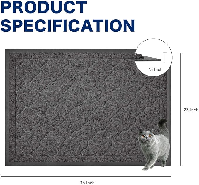 Cat Litter Box Mat, Kitty Premium PVC Pad, Durable Trapping Rug, Phthalate Free, Urine-Resistant, Scatter Control, L 35 x 23 Inch, Black