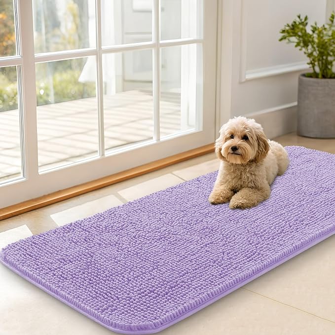 OLANLY Dog Door Mat for Muddy Paws 47x20, Super Absorbent Chenille Mud Mat | Lavender, Absorbs Moisture and Dirt, Non-Slip Machine Washable Doormat, Quick-Drying Indoor Entryway Floor Carpet for Dogs