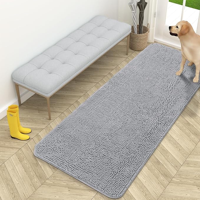 OLANLY Dog Door Mat for Muddy Paws 59x24, Super Absorbent Chenille Mud Mat | Light Grey, Absorbs Moisture and Dirt, Non-Slip Machine Washable Doormat, Quick-Drying Indoor Entryway Floor Carpet for Dogs