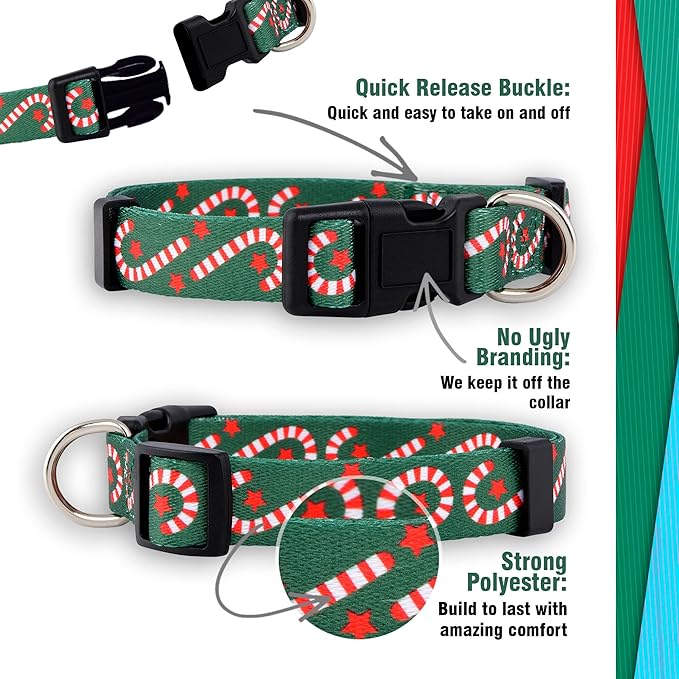 Native Pup Christmas Dog Collar- Winter Holiday Collars for Pets- Xmas Gift for Puppy- Santa, Reindeer, Snowman, Candy Cane, Red Green- Girl Boy- Small, Medium, Large Breeds (Candy Cane, Large)
