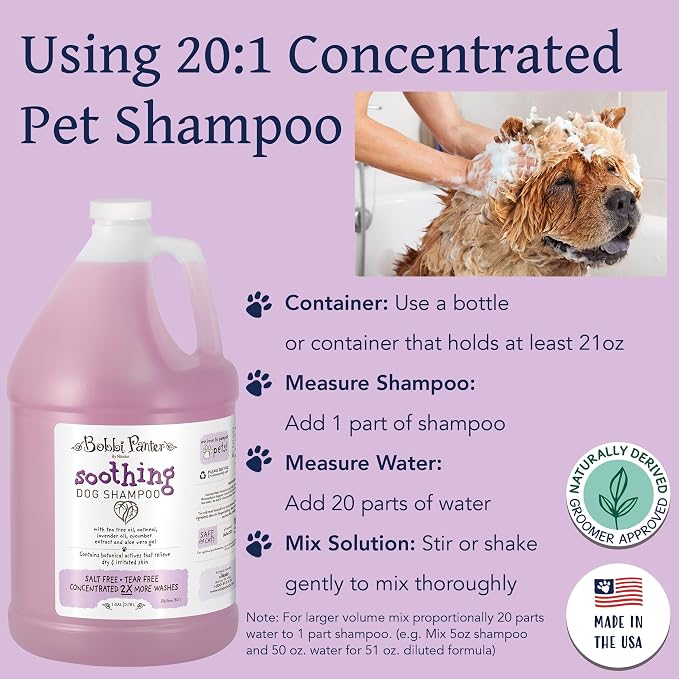 Bobbi Panter Soothing Dog Shampoo Tea Tree, Lavender, Cucumber & Oat Protein – Natural Formula for Sensitive Skin & Irritation Relief, Tear-Free, 30:1 Concentrate, Made in USA, 1 Gallon