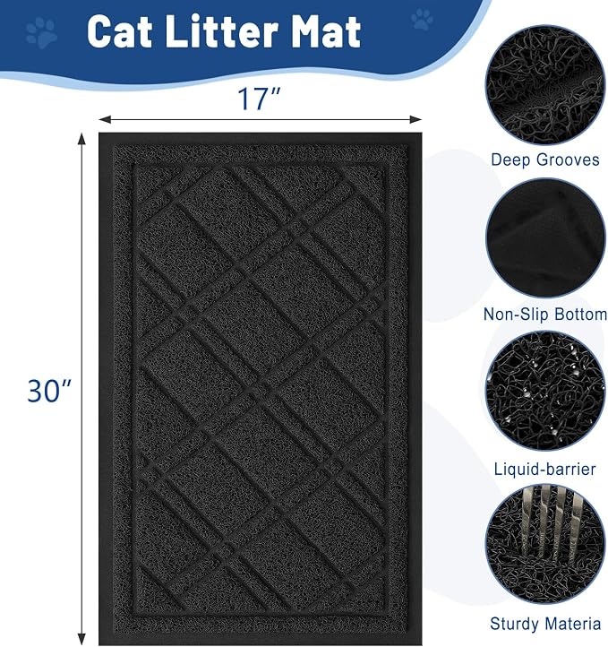 Smiry Cat Litter Box Mat 30x17, Non-Slip Water Resistant Litter Trapping Mat, Easy Clean Less Waste and Urine-Locking Cat Carpet for Indoor, Black