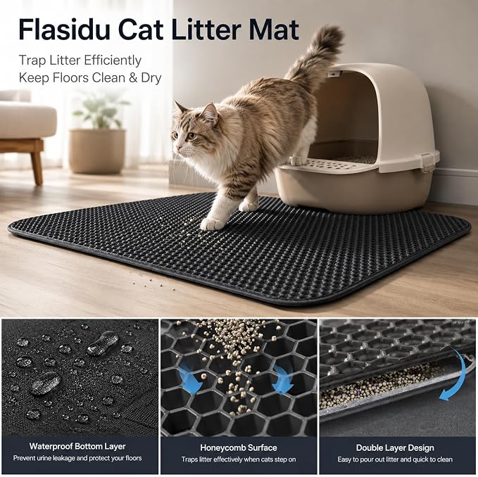 Cat Litter Box Mat,Double-Layer Honeycomb Litter Trap 30"x22" Blakc | Catches Scattered Particles to Stop Tracking,Waterproof Design Urineproof Base Protects Floors, Easy to Clean, Indoor Cats
