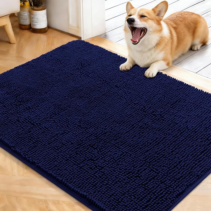 OLANLY Dog Door Mat for Muddy Paws 40x32, Super Absorbent Chenille Mud Mat | Navy Blue, Absorbs Moisture and Dirt, Non-Slip Machine Washable Doormat, Quick-Drying Indoor Entryway Floor Carpet for Dogs