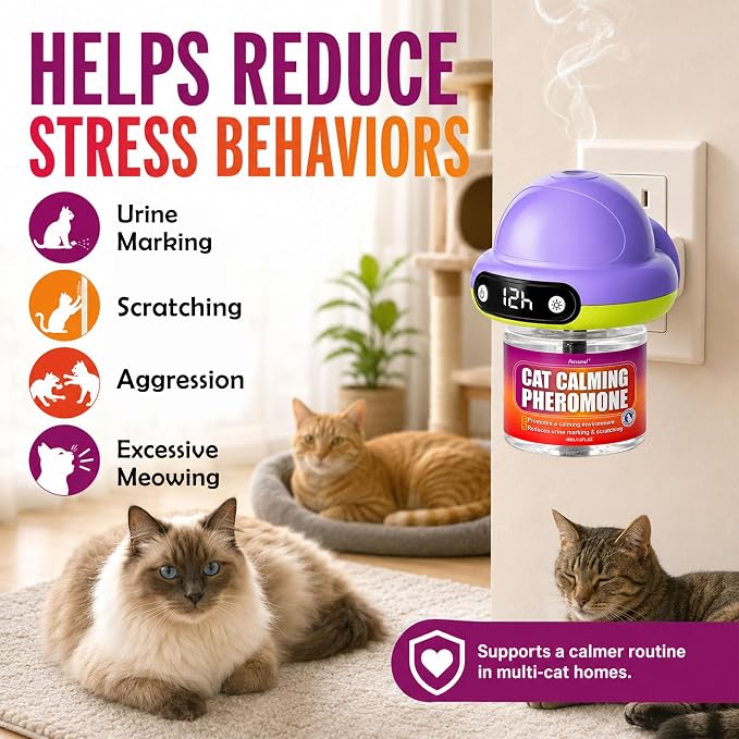 Cat Calming Pheromone Diffuser 2 Diffusers & 6 Refills, Smart Cat Calming Diffuser with 4/8/12/24-Hour Timer, Daily Auto-On, Helps Reduce Anxiety, Spraying & Scratching